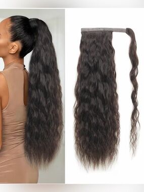 22” Dark Brown #2 Long Wavy Ponytail Extension Human‎ Hair #028